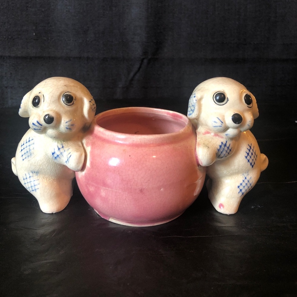 Antique Bug eyed dogs planter; outstanding occupied Japan porcelain pot c. 1949
